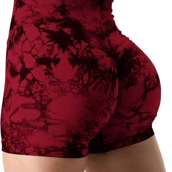High Waisted Scrunch Booty Biker Shorts - Seamless Tie Dye Red Gym Style - Picture 1 of 5
